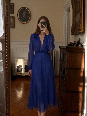 Vintage Royal Blue Sheer Midi Dress Size Small Formal (c10)